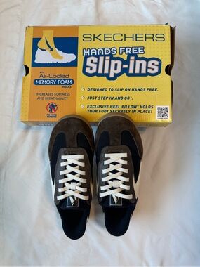 Skechers Women’s Brown and Black Slip-On Sneakers with White Accents